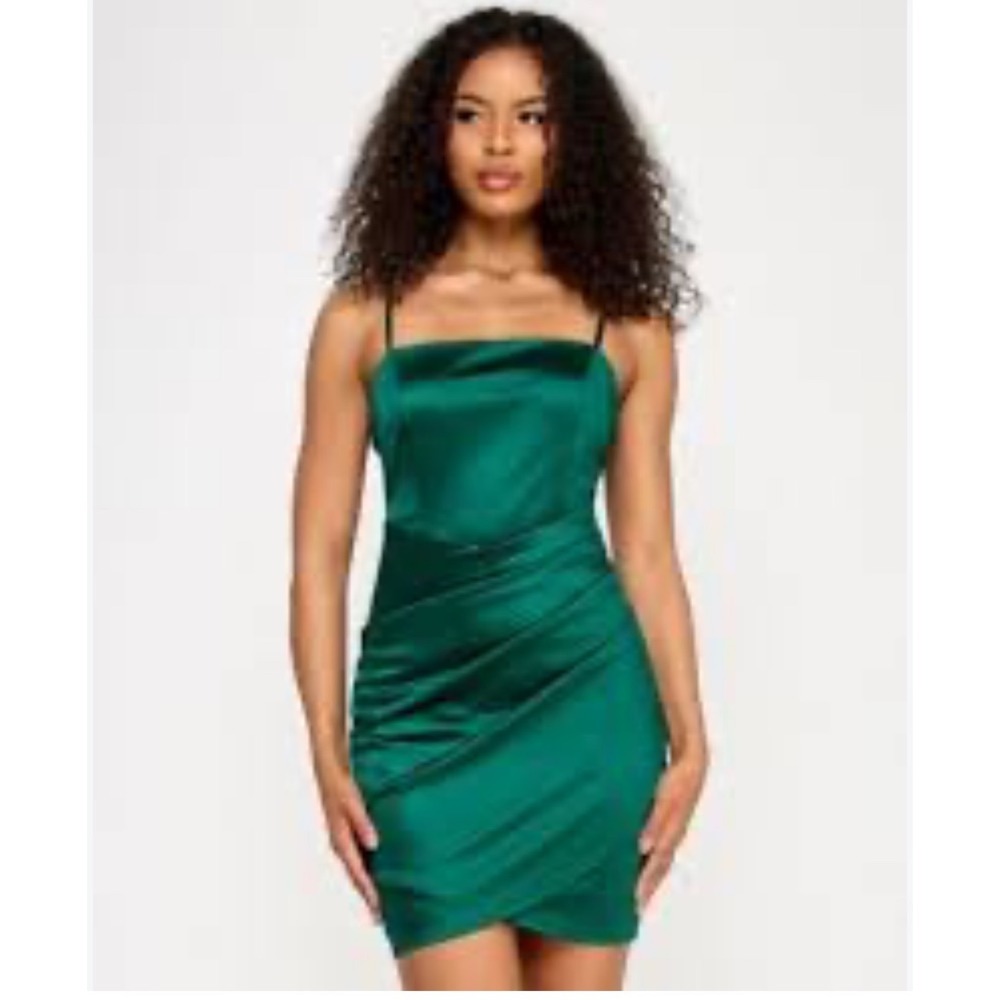 Emerald Sundae Green Satin Ruched Tulip Hem Mini Dress Womens Small